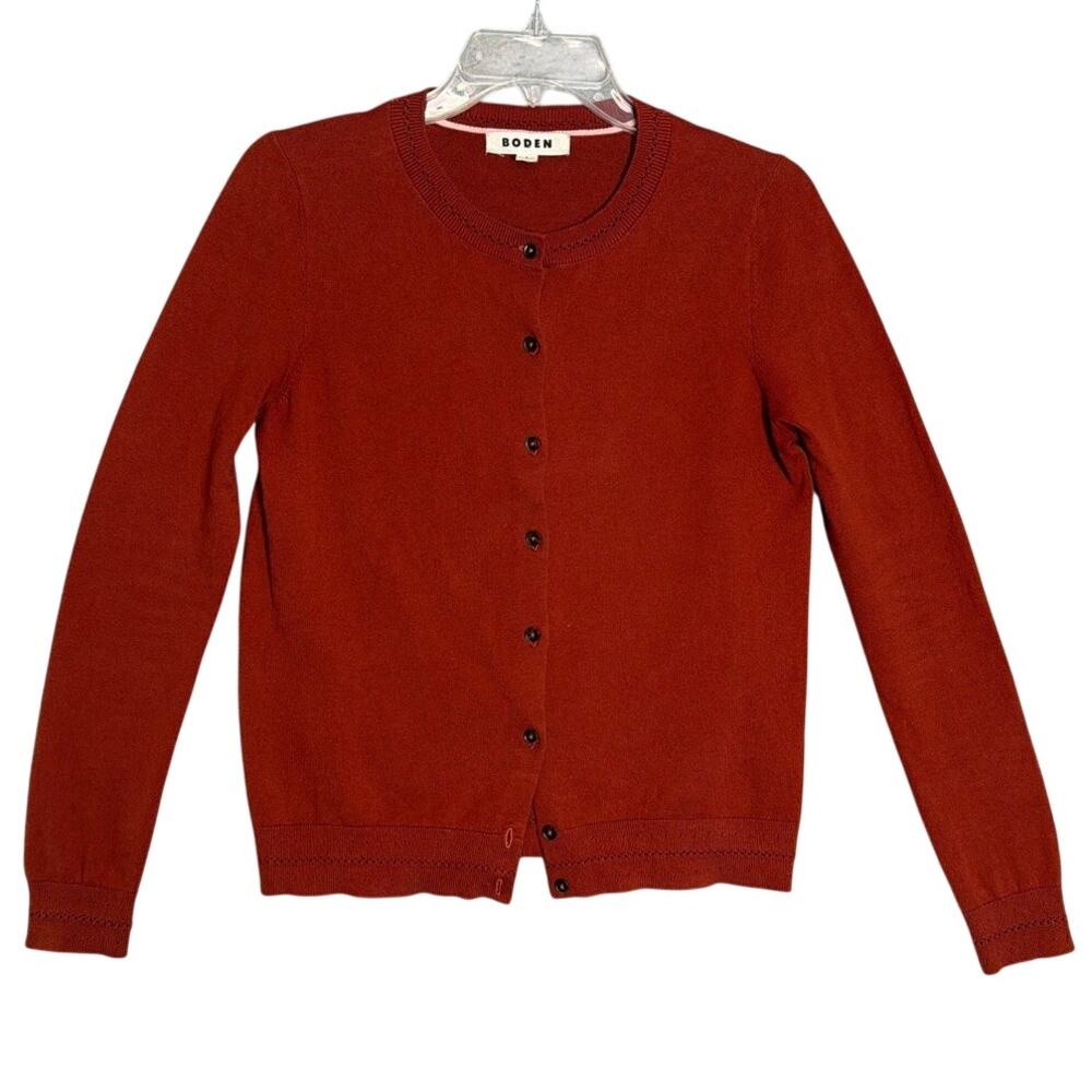 Boden Rust Cotton Blend Cardigan Pointelle Trim Button Front Sweater Timeless S